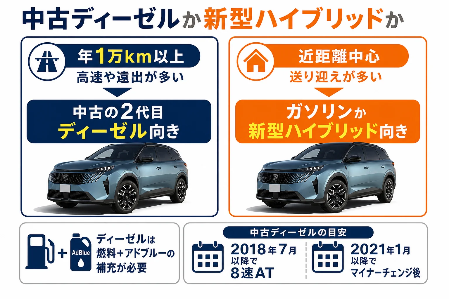 中古ディーゼルと新型ハイブリッドの選び方を示した図解