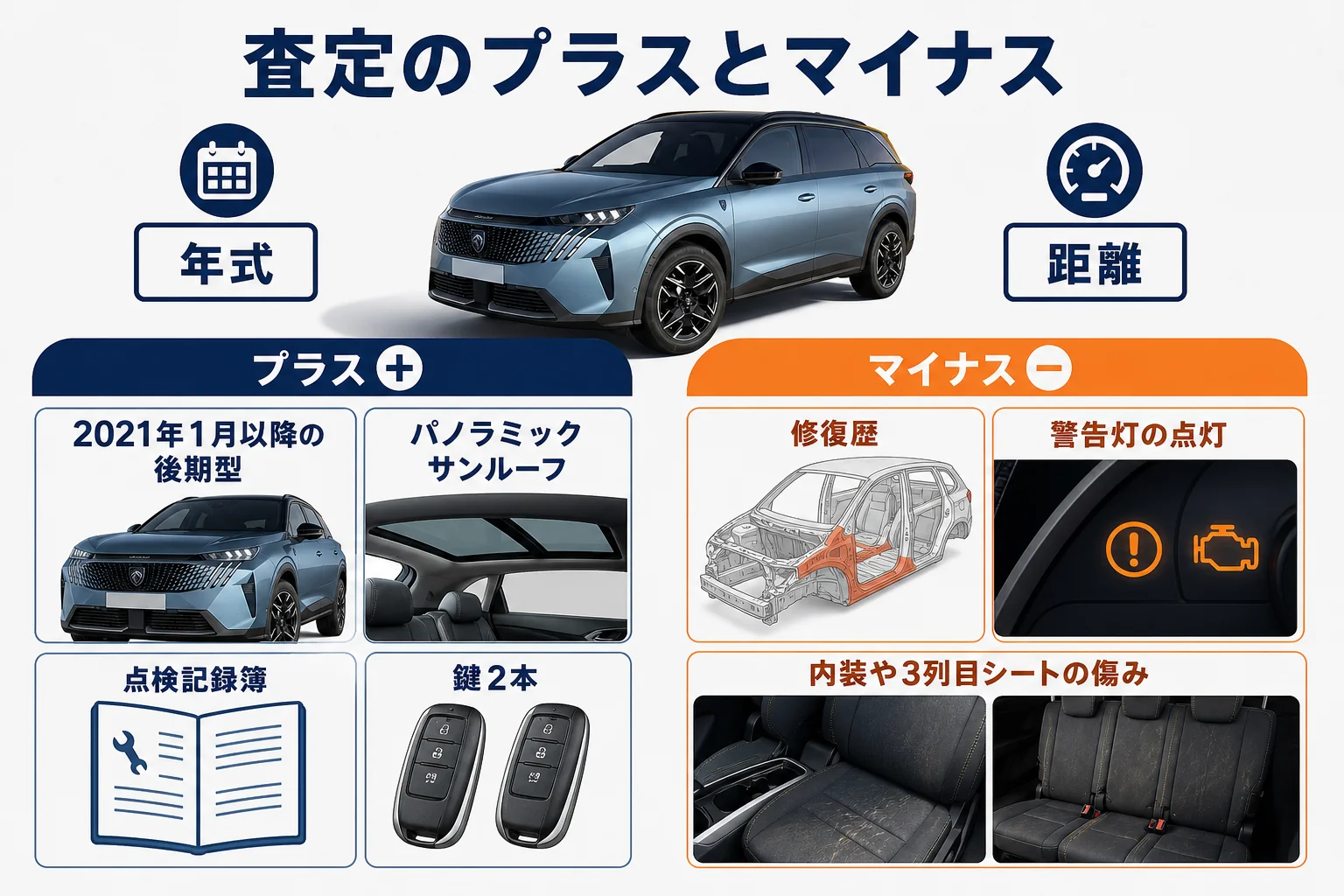 プジョー 5008の査定でプラスになる点とマイナスになる点を比べた図解
