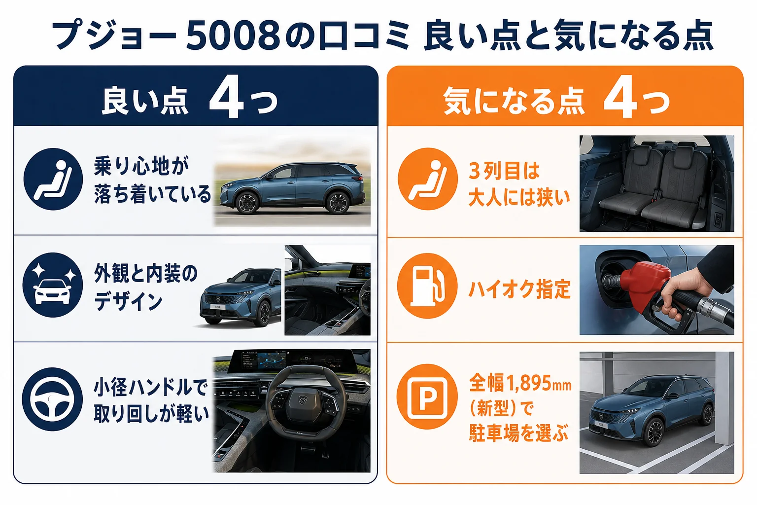プジョー 5008の口コミで多い良い点と気になる点を分けた図解