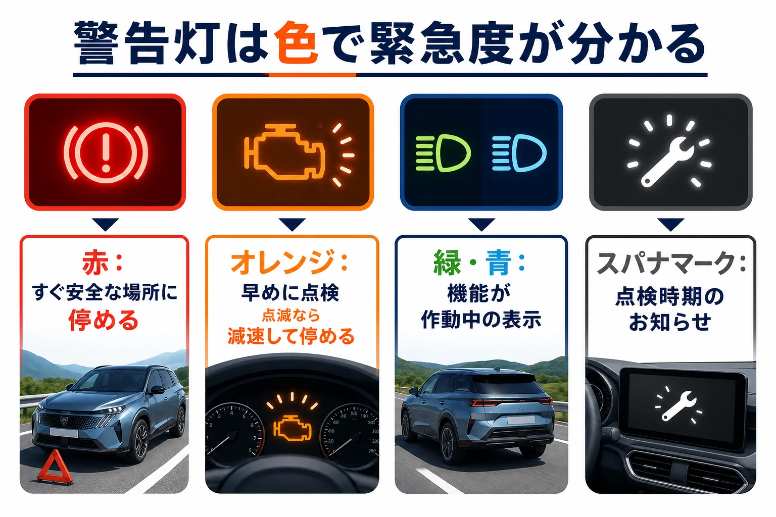 プジョー 5008の警告灯を色と緊急度で並べた図解