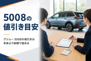プジョー 5008の見積書を前に値引きを確認する商談テーブル