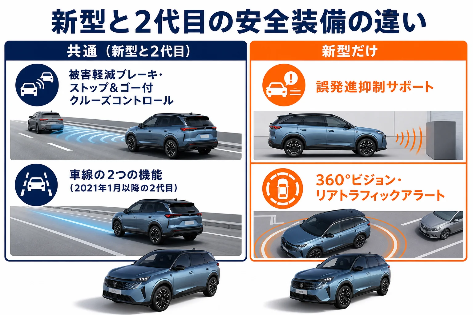 プジョー 5008の新型と2代目の安全装備の違いを比べた図解