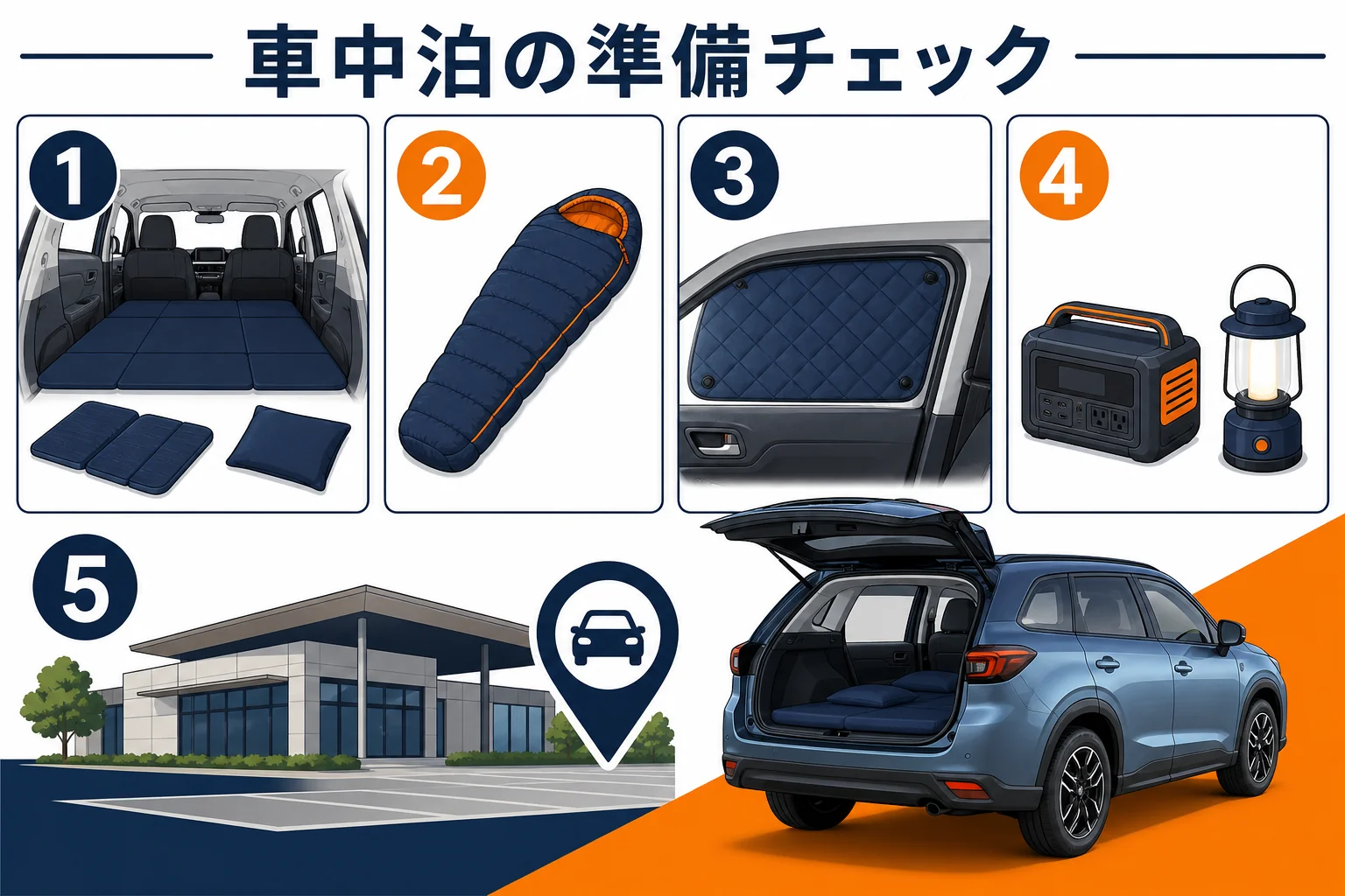 プジョー 5008で車中泊する前の持ち物と確認の図解