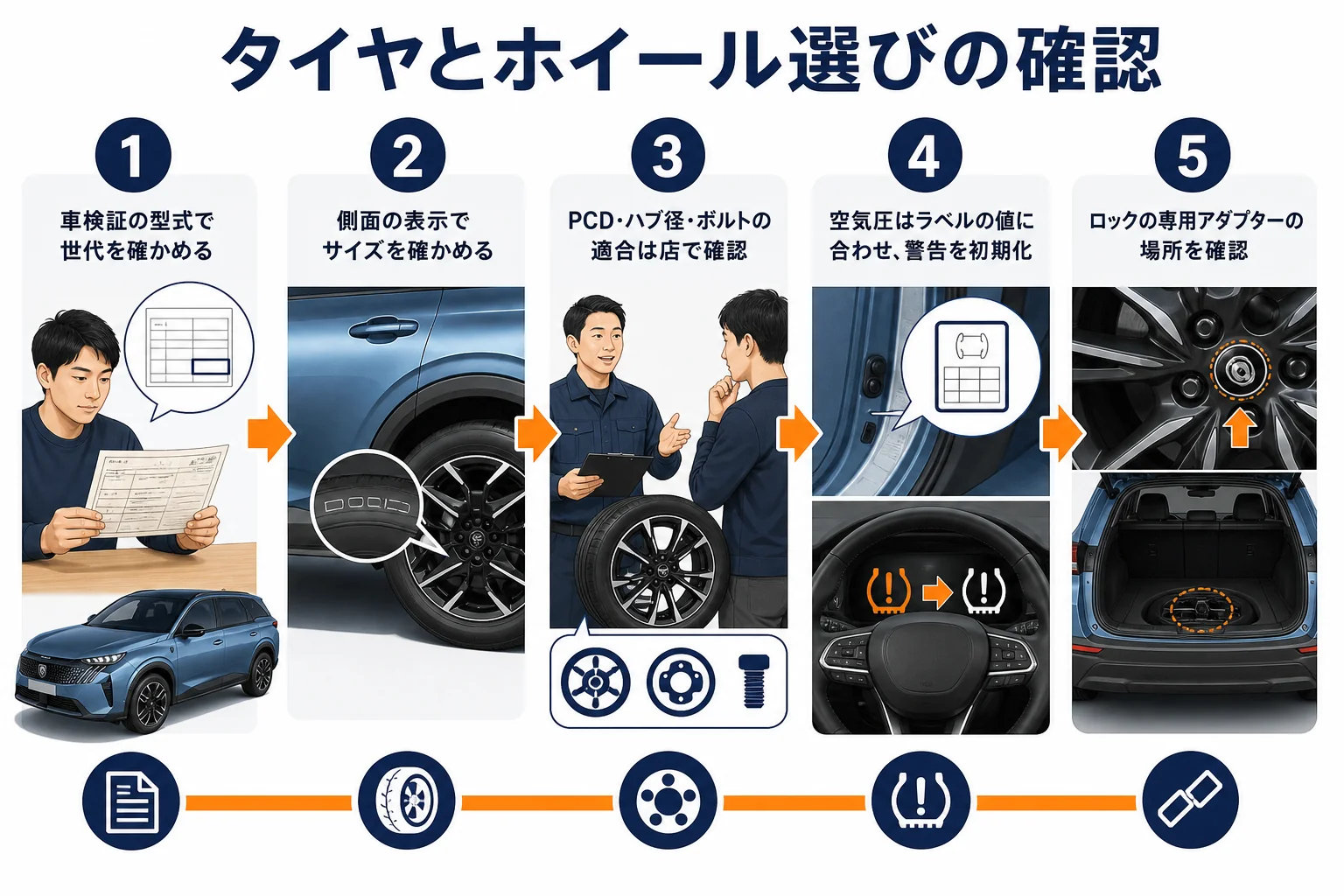 プジョー 5008のタイヤとホイールを選ぶ時のチェック項目の図解