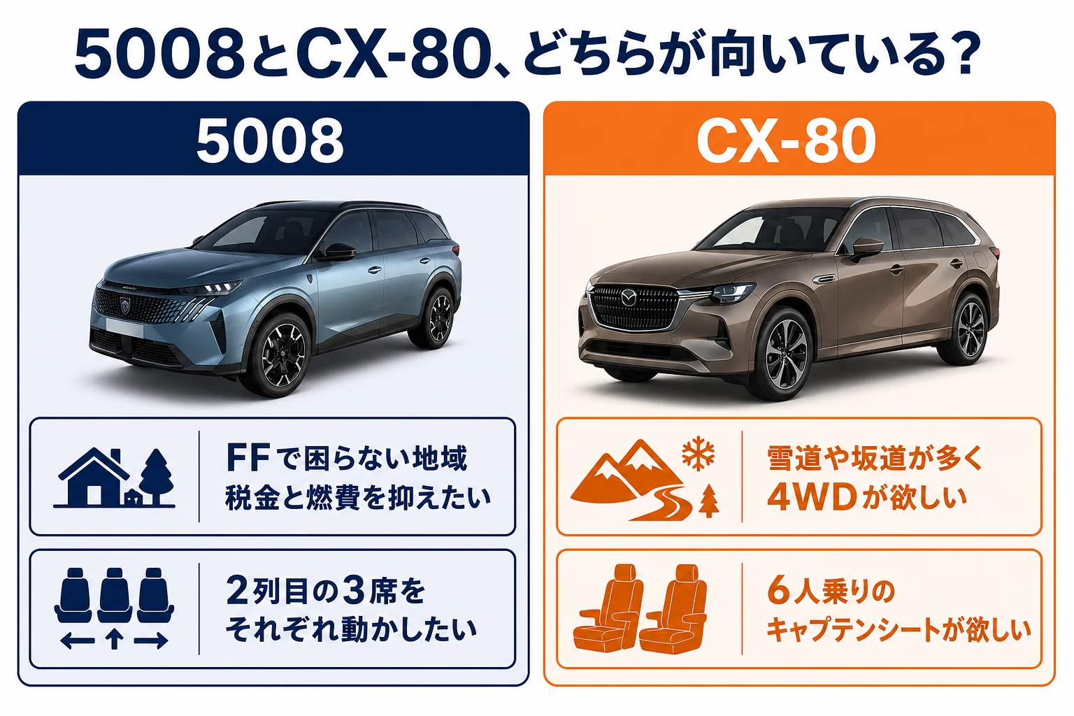 プジョー 5008とCX-80・CX-8のどれが向くかを使い方で分けた図解